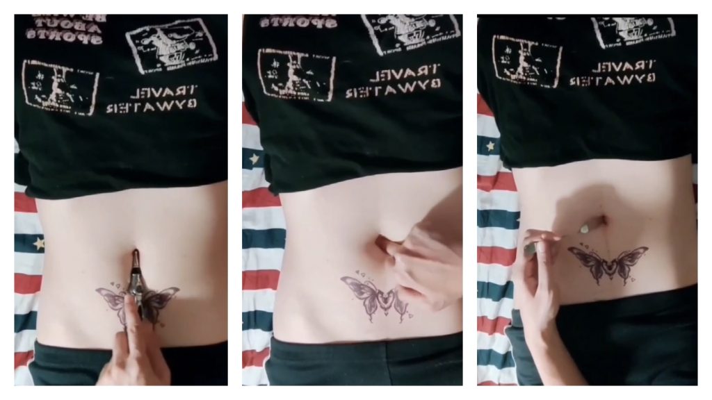 实践蝴蝶纹身女友肚脐