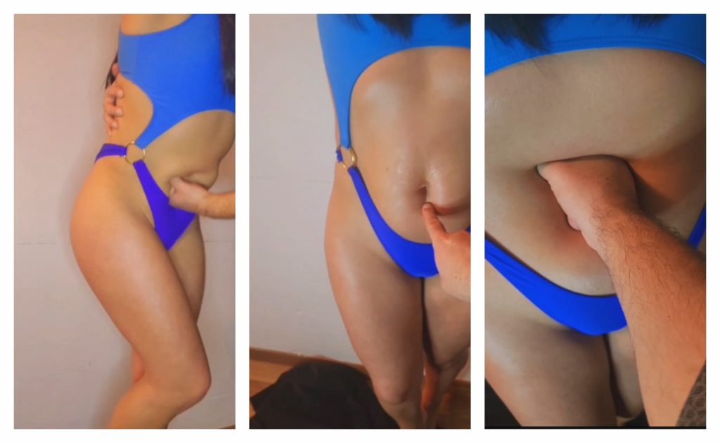 蓝色吊带紧身泳衣露腹重击